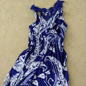 Elegant Blue and White Maxi Dress with Lace Trim